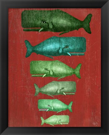 Framed Whale Family Green on Red Print