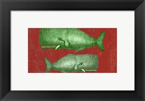 Framed Whale Family Green on Red Print