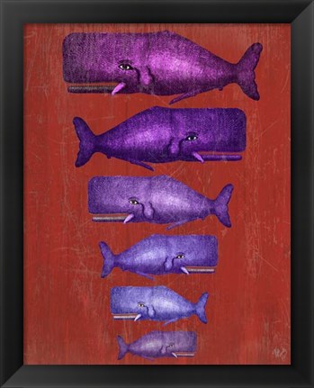 Framed Whale Family Purple on Red Print