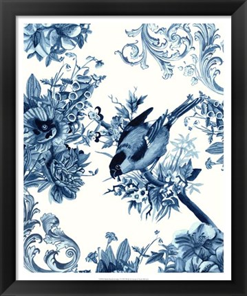 Framed Bird &amp; Branch in Indigo I Print