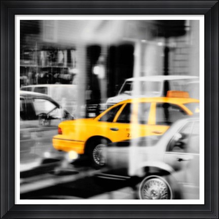 Framed Yellow Taxi Reflection Print
