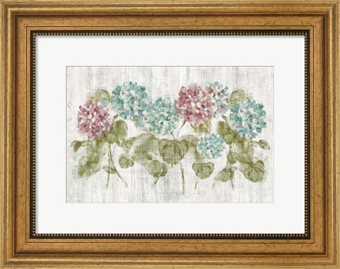 Framed Vibrant Row of Hydrangea on Wood Print