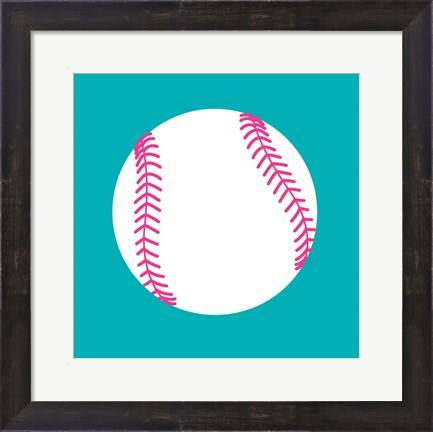 Framed White Softball on Teal Print