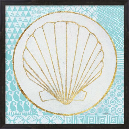 Framed Summer Shells II Teal and Gold Print