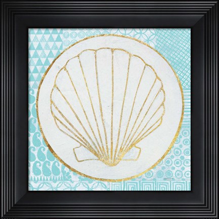 Framed Summer Shells II Teal and Gold Print