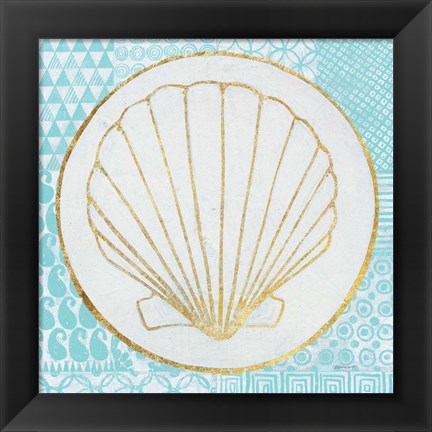 Framed Summer Shells II Teal and Gold Print