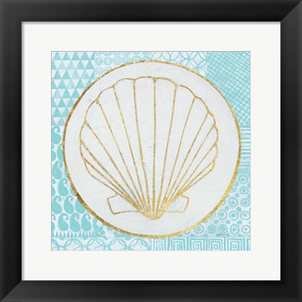 Framed Summer Shells II Teal and Gold Print