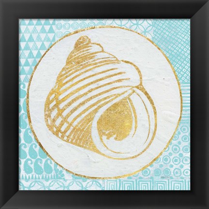 Framed Summer Shells III Teal and Gold Print