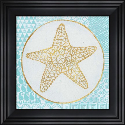 Framed Summer Shells IV Teal and Gold Print