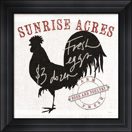 Framed Farm Linen Rooster Black Print