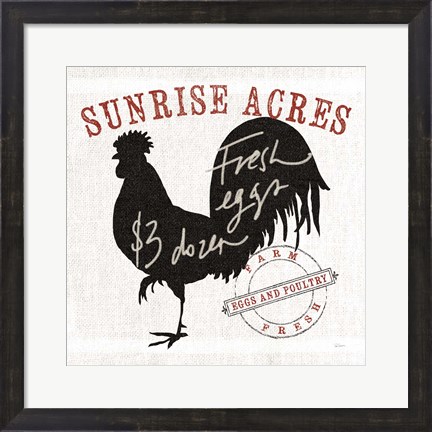 Framed Farm Linen Rooster Black Print