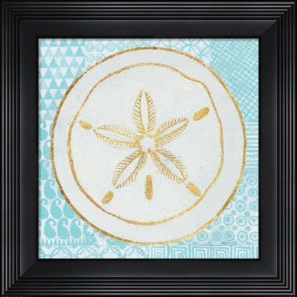 Framed Summer Shells I Teal and Gold Print