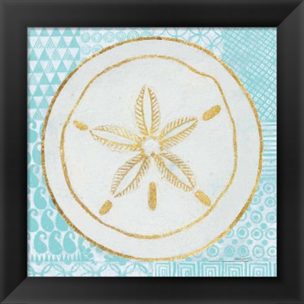 Framed Summer Shells I Teal and Gold Print