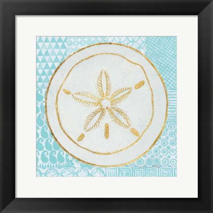 Framed Summer Shells I Teal and Gold Print