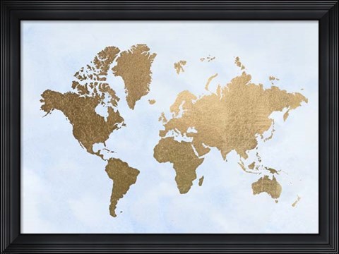 Framed Gold Foil World Map on Blue - Metallic Foil Print