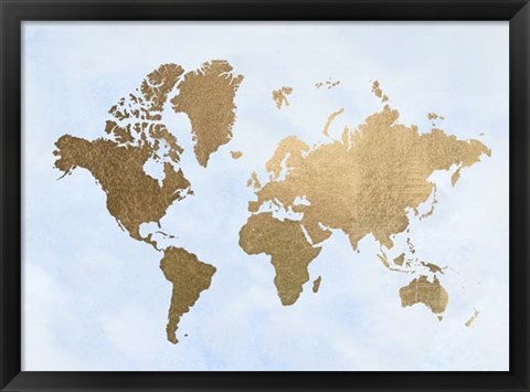 Framed Gold Foil World Map on Blue - Metallic Foil Print