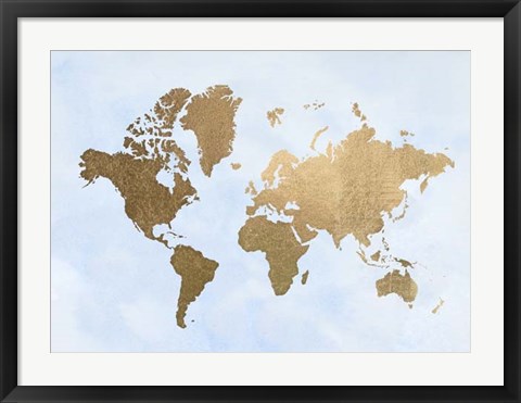 Framed Gold Foil World Map on Blue - Metallic Foil Print