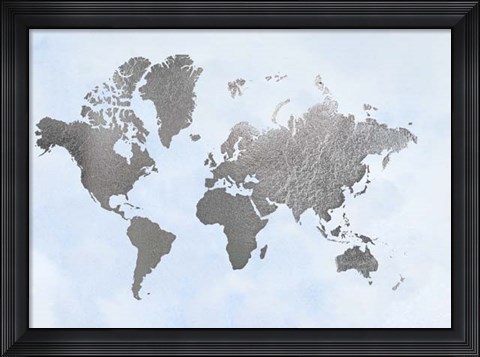 Framed Silver Foil World Map on Blue - Metallic Foil Print