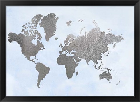 Framed Silver Foil World Map on Blue - Metallic Foil Print