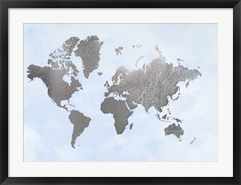 Framed Silver Foil World Map on Blue - Metallic Foil Print