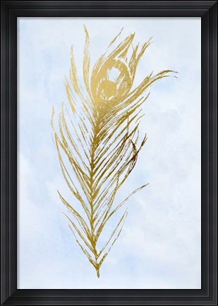 Framed Gold Foil Feather I on Blue - Metallic Foil Print
