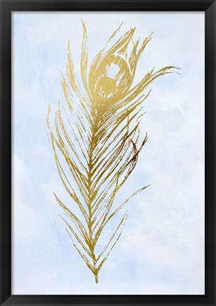 Framed Gold Foil Feather I on Blue - Metallic Foil Print