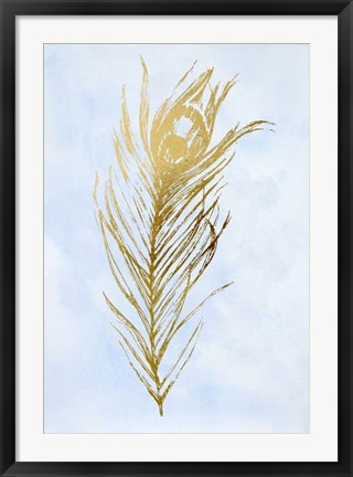 Framed Gold Foil Feather I on Blue - Metallic Foil Print
