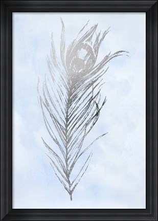 Framed Silver Foil Feather I on Blue - Metallic Foil Print