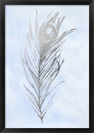 Framed Silver Foil Feather I on Blue - Metallic Foil Print