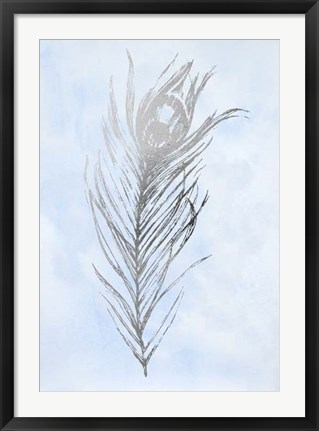 Framed Silver Foil Feather I on Blue - Metallic Foil Print