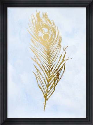 Framed Gold Foil Feather II on Blue - Metallic Foil Print