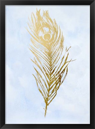Framed Gold Foil Feather II on Blue - Metallic Foil Print