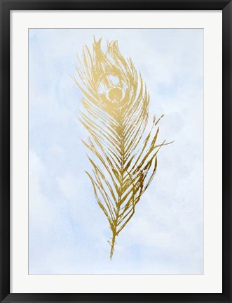 Framed Gold Foil Feather II on Blue - Metallic Foil Print
