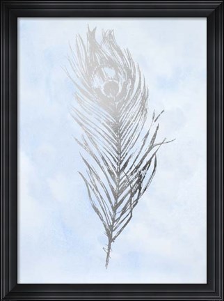 Framed Silver Foil Feather II on Blue - Metallic Foil Print
