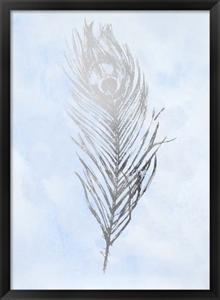 Framed Silver Foil Feather II on Blue - Metallic Foil Print