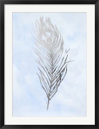 Framed Silver Foil Feather II on Blue - Metallic Foil Print