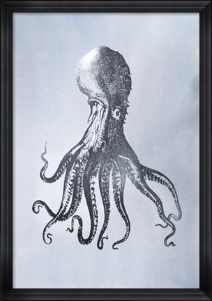 Framed Silver Foil Octopus I on Blue Wash - Metallic Foil Print