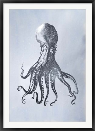 Framed Silver Foil Octopus I on Blue Wash - Metallic Foil Print