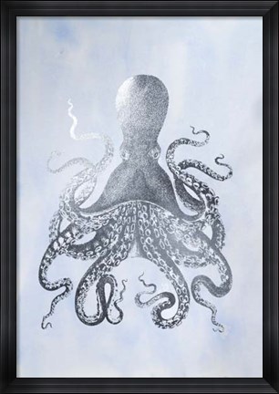Framed Silver Foil Octopus II on Blue Wash - Metallic Foil Print