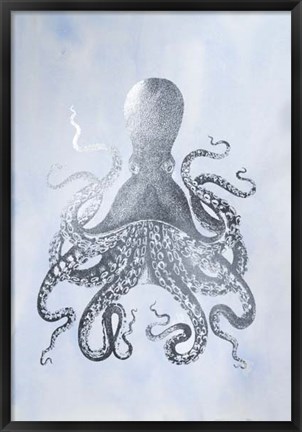 Framed Silver Foil Octopus II on Blue Wash - Metallic Foil Print