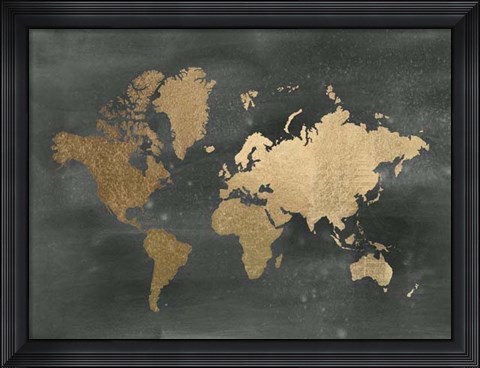 Framed Gold Foil World Map on Black - Metallic Foil Print