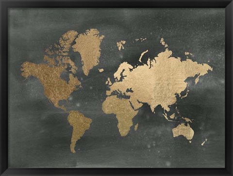 Framed Gold Foil World Map on Black - Metallic Foil Print