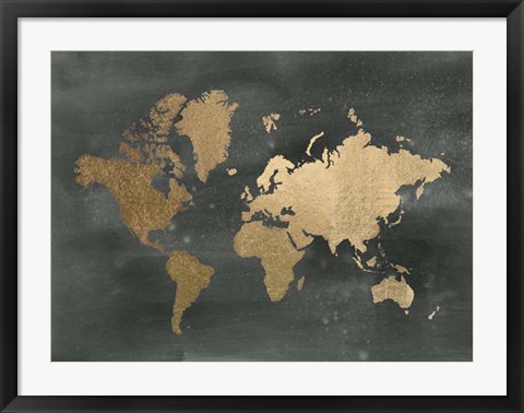 Framed Gold Foil World Map on Black - Metallic Foil Print