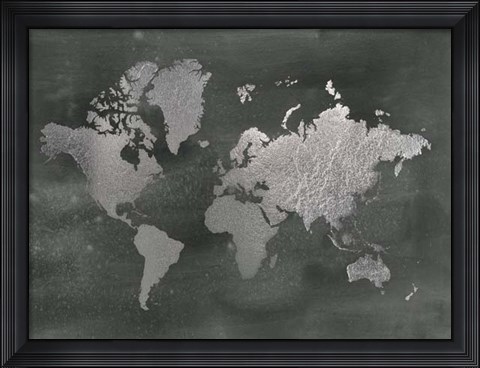 Framed Silver Foil World Map on Black - Metallic Foil Print