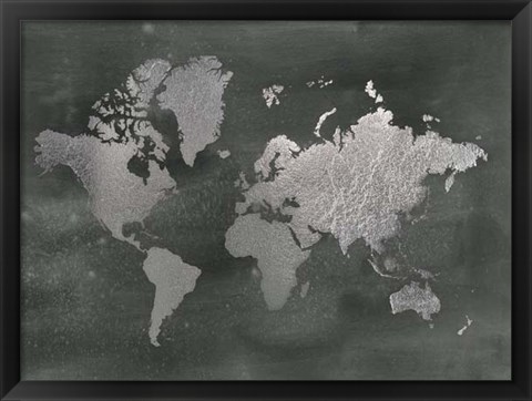 Framed Silver Foil World Map on Black - Metallic Foil Print