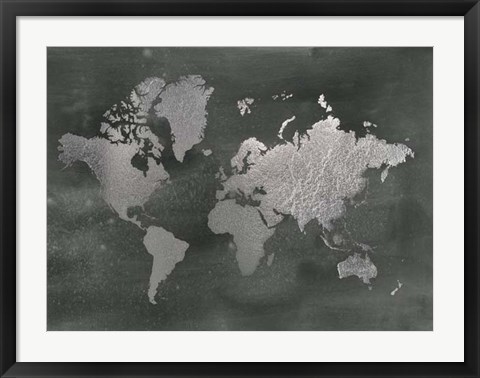 Framed Silver Foil World Map on Black - Metallic Foil Print