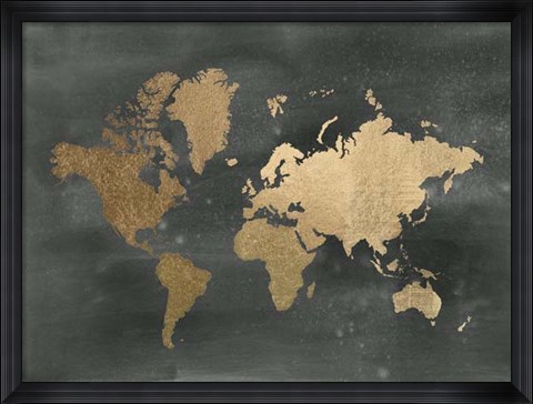 Framed Large Gold Foil World Map on Black - Metallic Foil Print
