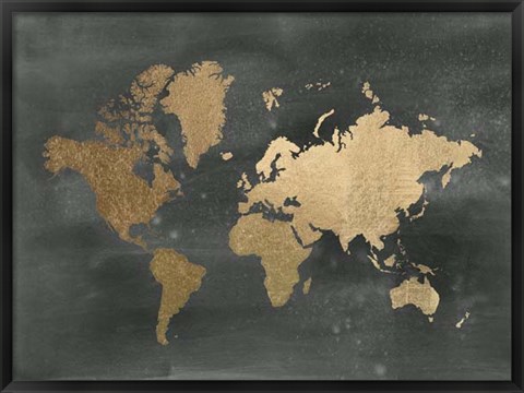 Framed Large Gold Foil World Map on Black - Metallic Foil Print