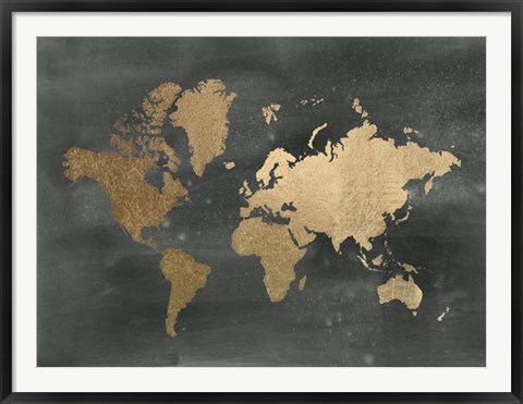 Framed Large Gold Foil World Map on Black - Metallic Foil Print