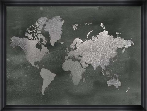 Framed Large Silver Foil World Map on Black - Metallic Foil Print
